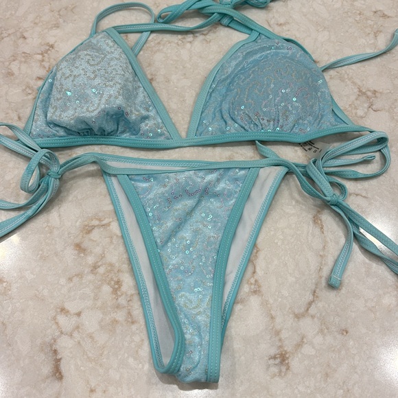Aqua Blue Sequin String Bikini Set plus Extra String Bikini Top Bundle - Picture 2 of 7